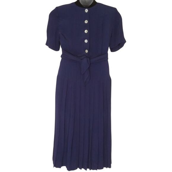 VINTAGE Dress 80s 90s MONICA HEART Pleated Long Midi 10 Navy Blue Button Back - Picture 5 of 9